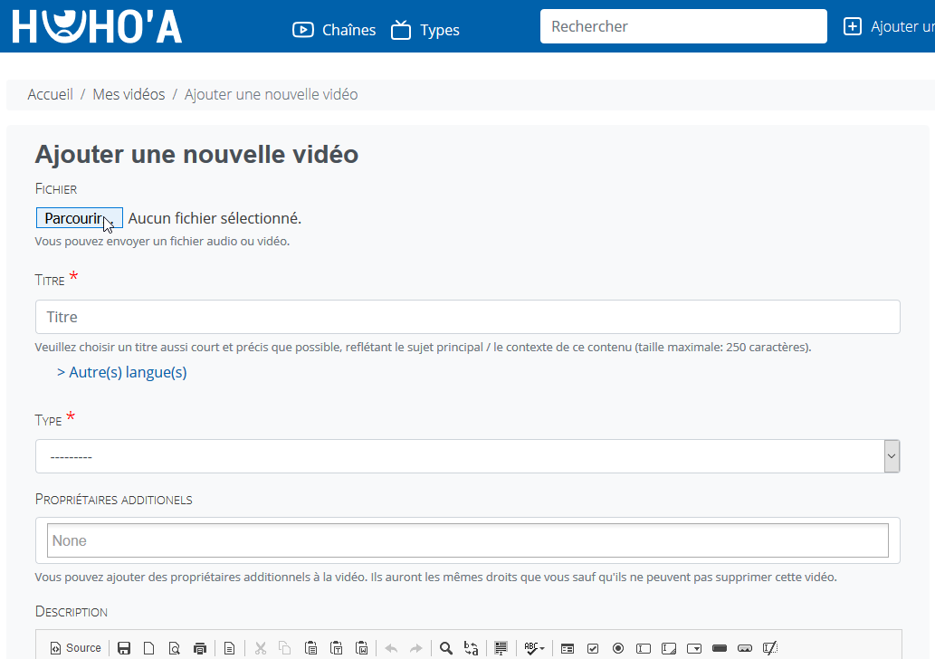 Formulaire d'ajour d'une vidéo