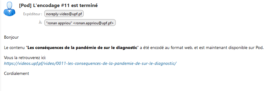 Email de confirmation de l'encodage